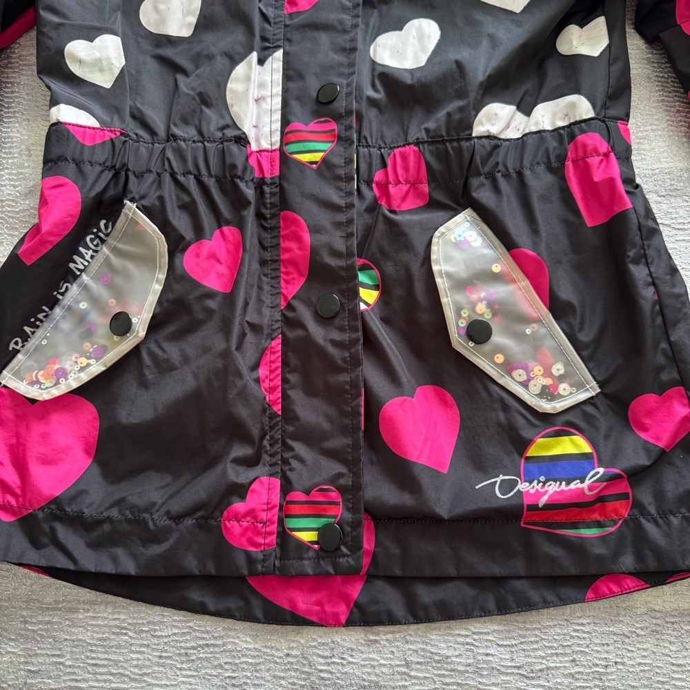 Desigual Kids Heart Raincoat - Black and Pink, Size 9/10 - Picture 4 of 11
